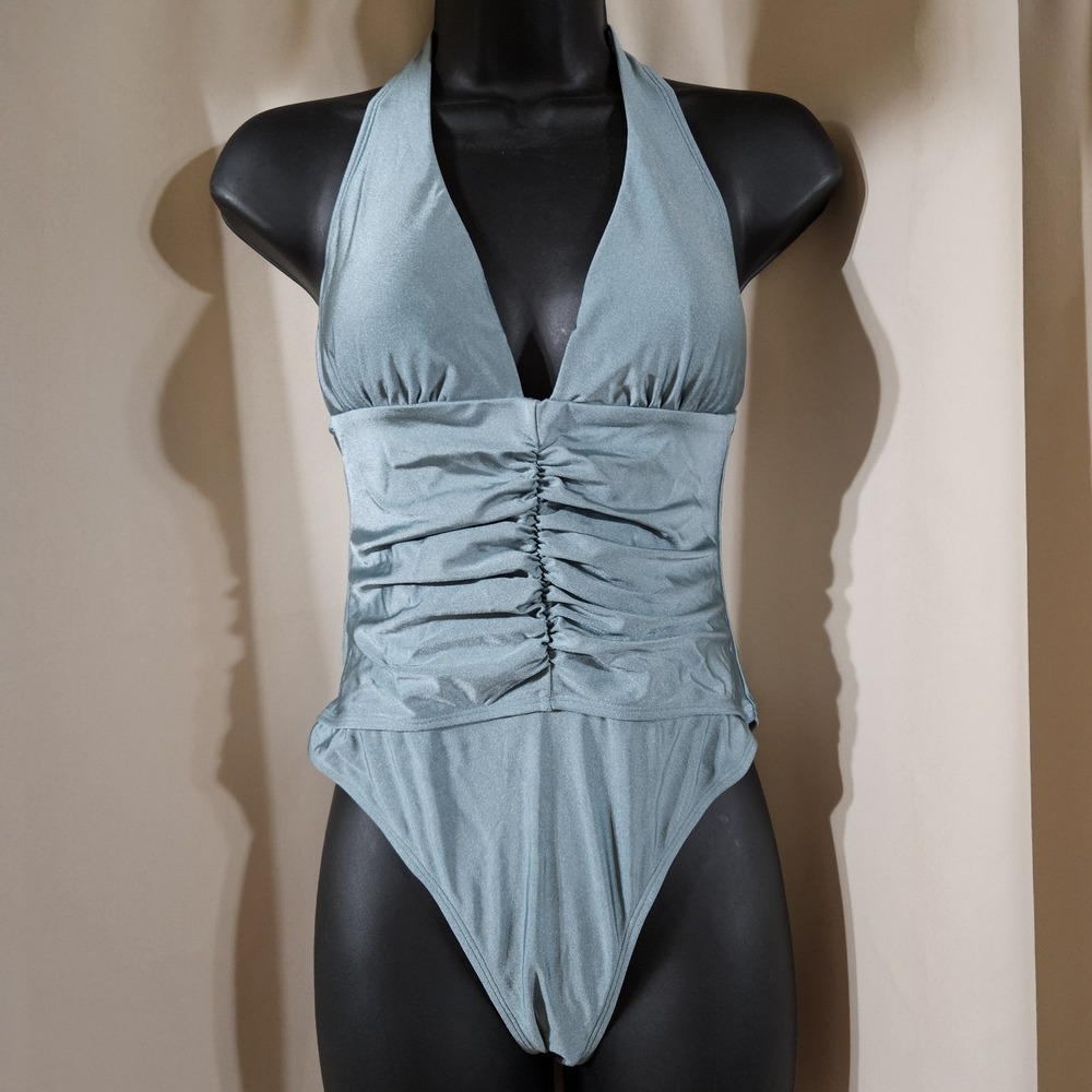 Cupshe Womens Blue Shimmer Ruched‎ Plunge Halter One Piece Swimsuit NWT S